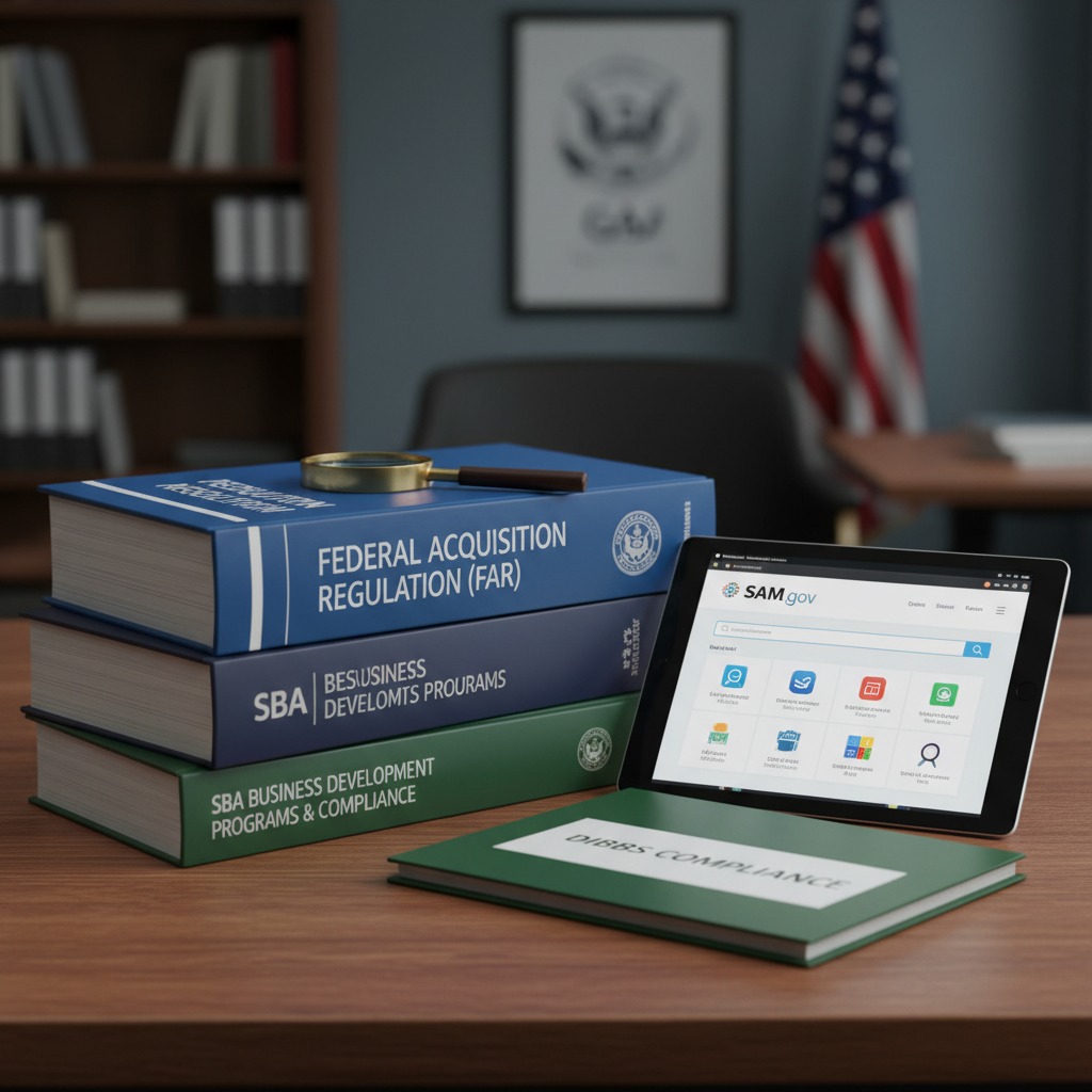 A tablet displaying the SAM.gov website sits on a desk next to a stack of books titled Federal Acquisition Regulation and SBA Business Development Programs.