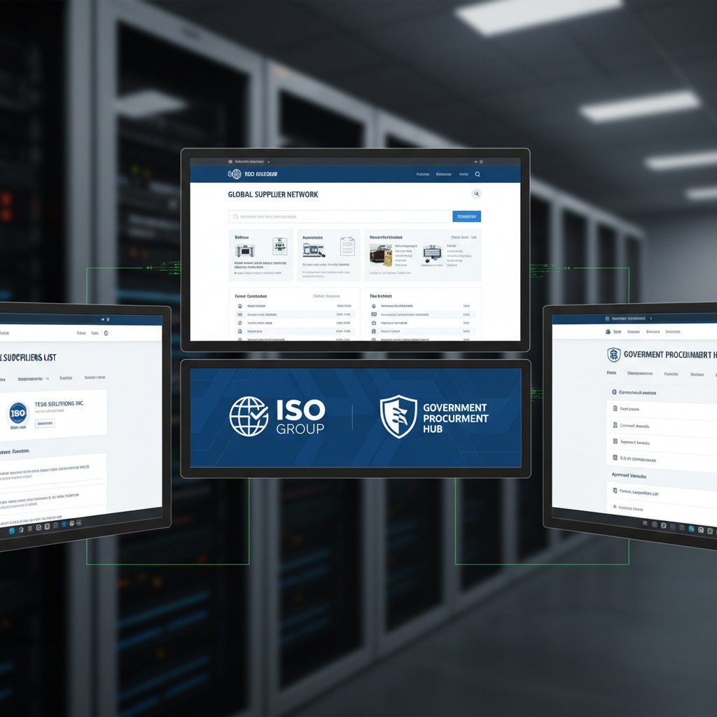 Three digital screens displaying the ISO Group and Government Procurement Hub interfaces are arranged in front of a blurred server room background.